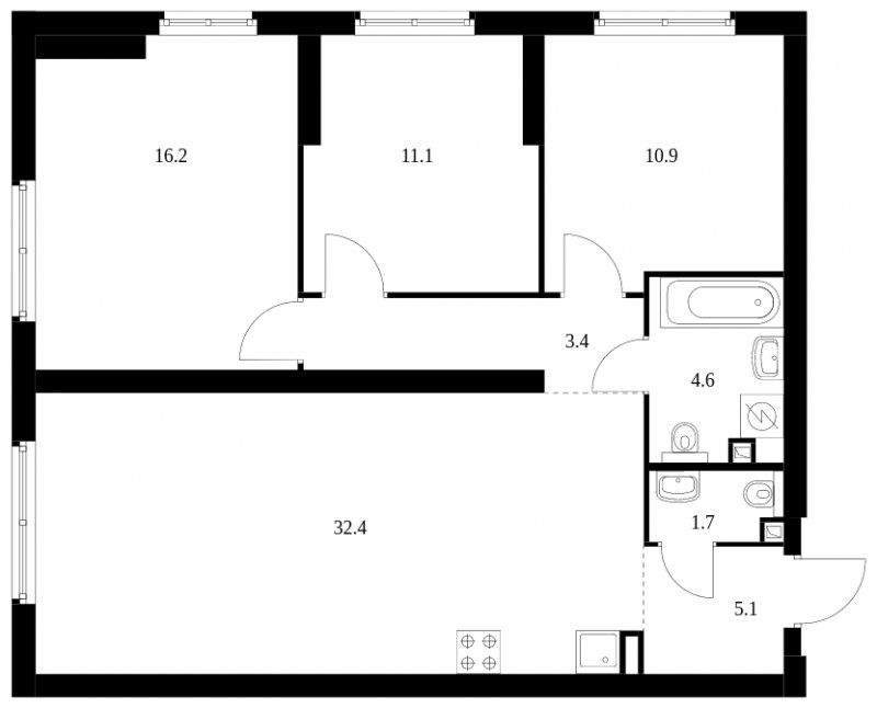 3-комнатная квартира с полной отделкой, 85.4 м2, 21 этаж, сдача 4 квартал 2023 г., ЖК Руставели 14, корпус 1.2 - объявление 1680953 - фото №1