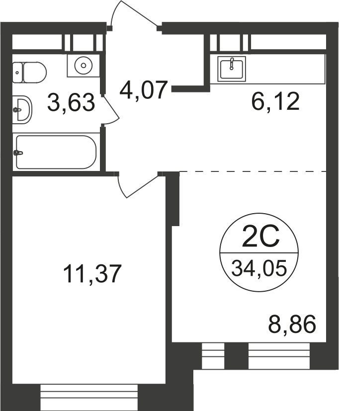 2-комнатная квартира с полной отделкой, 33.5 м2, 14 этаж, дом сдан, ЖК Люберцы, корпус 66 - объявление 2333231 - фото №1