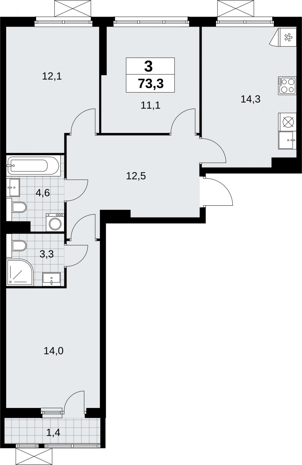 3-комнатная квартира без отделки, 73.3 м2, 10 этаж, сдача 2 квартал 2026 г., ЖК Бунинские кварталы, корпус 9.1 - объявление 2324034 - фото №1