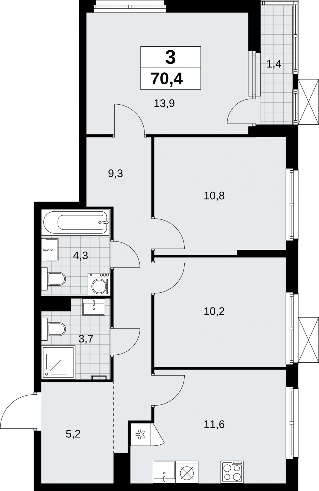 3-комнатная квартира без отделки, 70.4 м2, 3 этаж, сдача 1 квартал 2026 г., ЖК Дзен-кварталы, корпус 6.2.1 - объявление 2328353 - фото №1