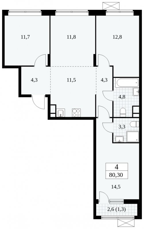 4-комнатная квартира (евро) без отделки, 80.3 м2, 8 этаж, сдача 1 квартал 2025 г., ЖК Прокшино, корпус 5.2.4 - объявление 1900679 - фото №1