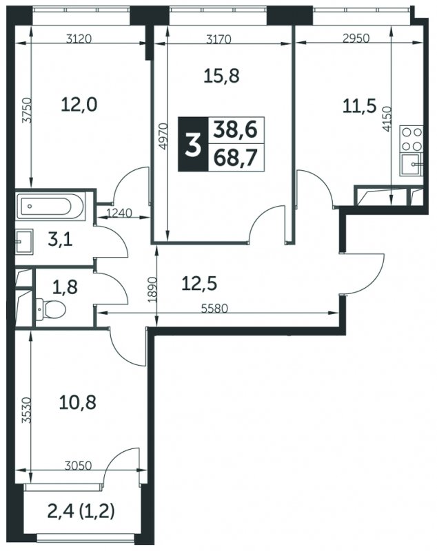 3-комнатная квартира без отделки, 68.4 м2, 3 этаж, дом сдан, ЖК Датский квартал, корпус 4 - объявление 1677861 - фото №1
