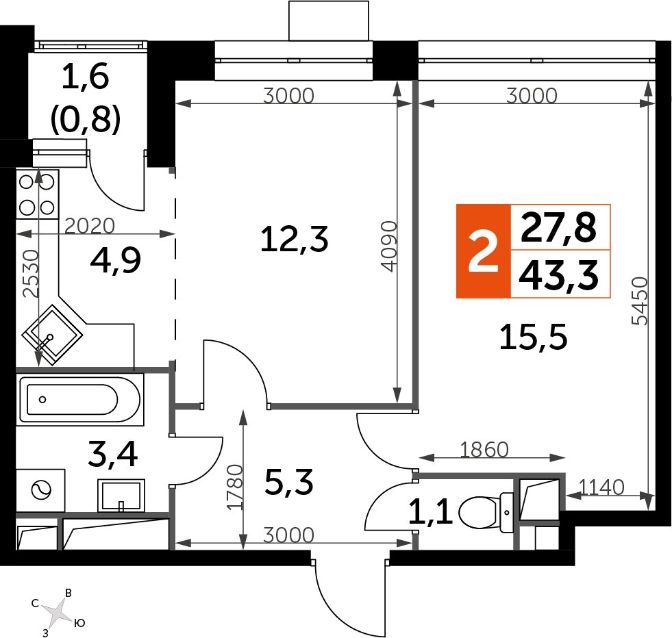 2-комнатная квартира без отделки, 43.2 м2, 11 этаж, дом сдан, ЖК Датский квартал, корпус 2 - объявление 2347145 - фото №1