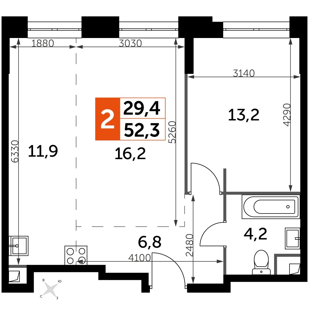 2-комнатная квартира с частичной отделкой, 52.3 м2, 14 этаж, дом сдан, ЖК Sydney City, корпус 2 - объявление 2238390 - фото №1