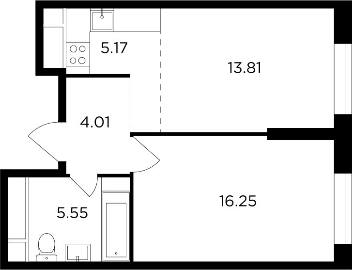 2-комнатная квартира без отделки, 44.79 м2, 18 этаж, дом сдан, ЖК КутузовGRAD 2, корпус 6 - объявление 2173475 - фото №1