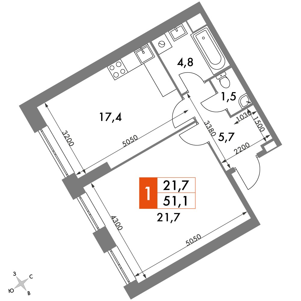 1-комнатная квартира с частичной отделкой, 51.1 м2, 27 этаж, дом сдан, ЖК Архитектор, корпус 3 - объявление 2403961 - фото №1