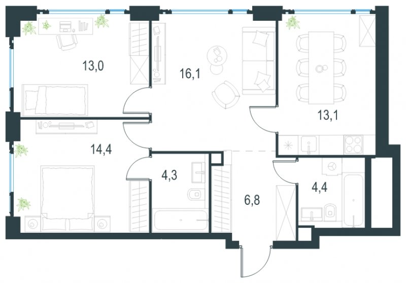 3-комнатная квартира без отделки, 72.1 м2, 42 этаж, сдача 2 квартал 2025 г., ЖК Level Мичуринский, корпус 1 - объявление 1775365 - фото №1