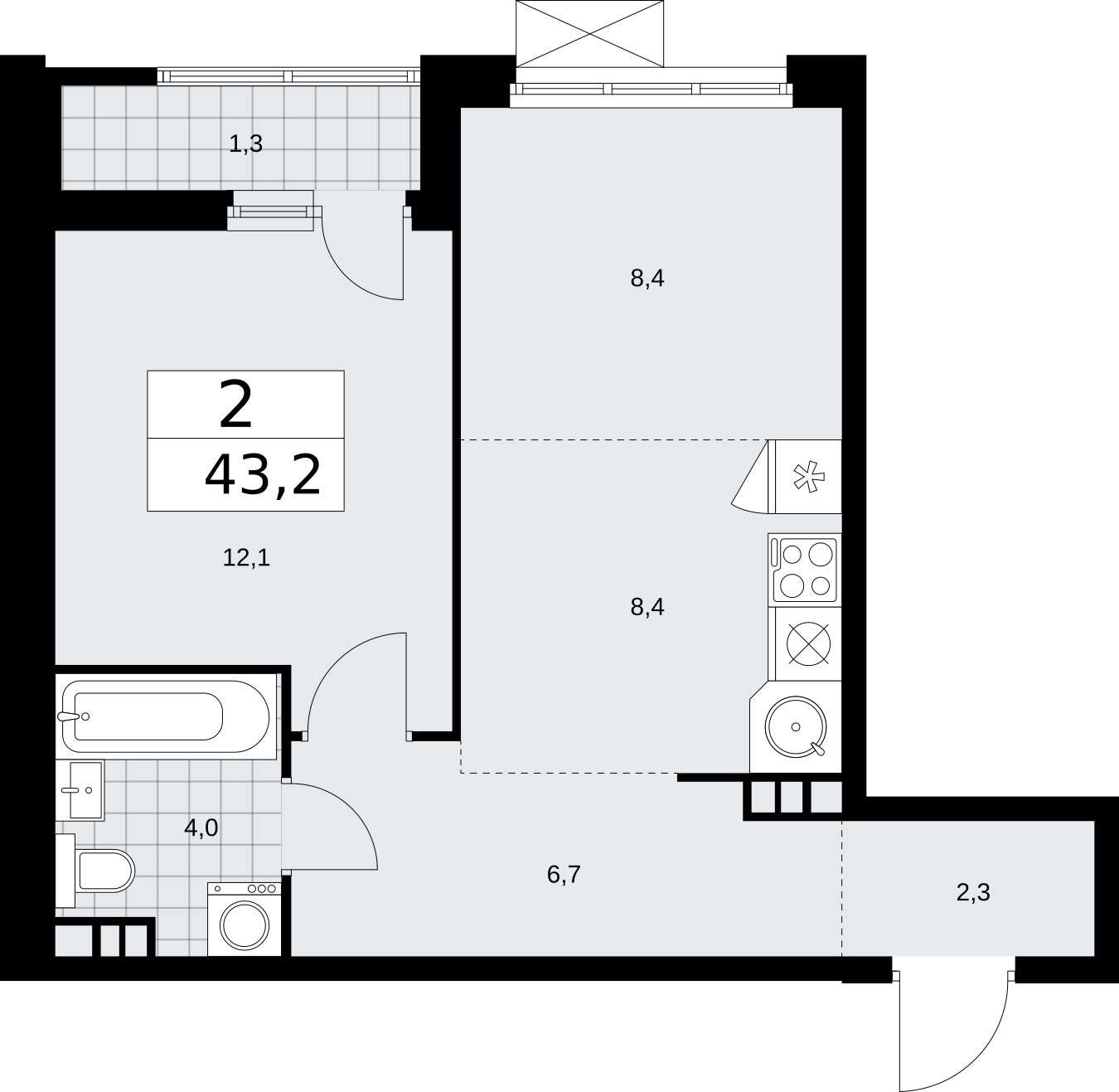 2-комнатная квартира (евро) с частичной отделкой, 43.2 м2, 4 этаж, сдача 2 квартал 2026 г., ЖК Бунинские кварталы, корпус 5.1 - объявление 2297198 - фото №1