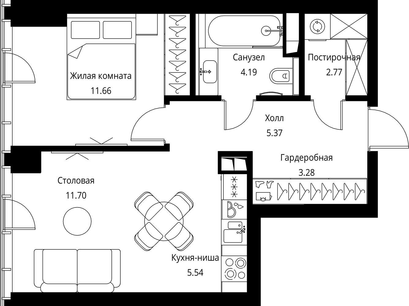 1-комнатная квартира с частичной отделкой, 44.51 м2, 2 этаж, сдача 3 квартал 2026 г., ЖК City Bay, корпус North Ocean 8 - объявление 2332290 - фото №1