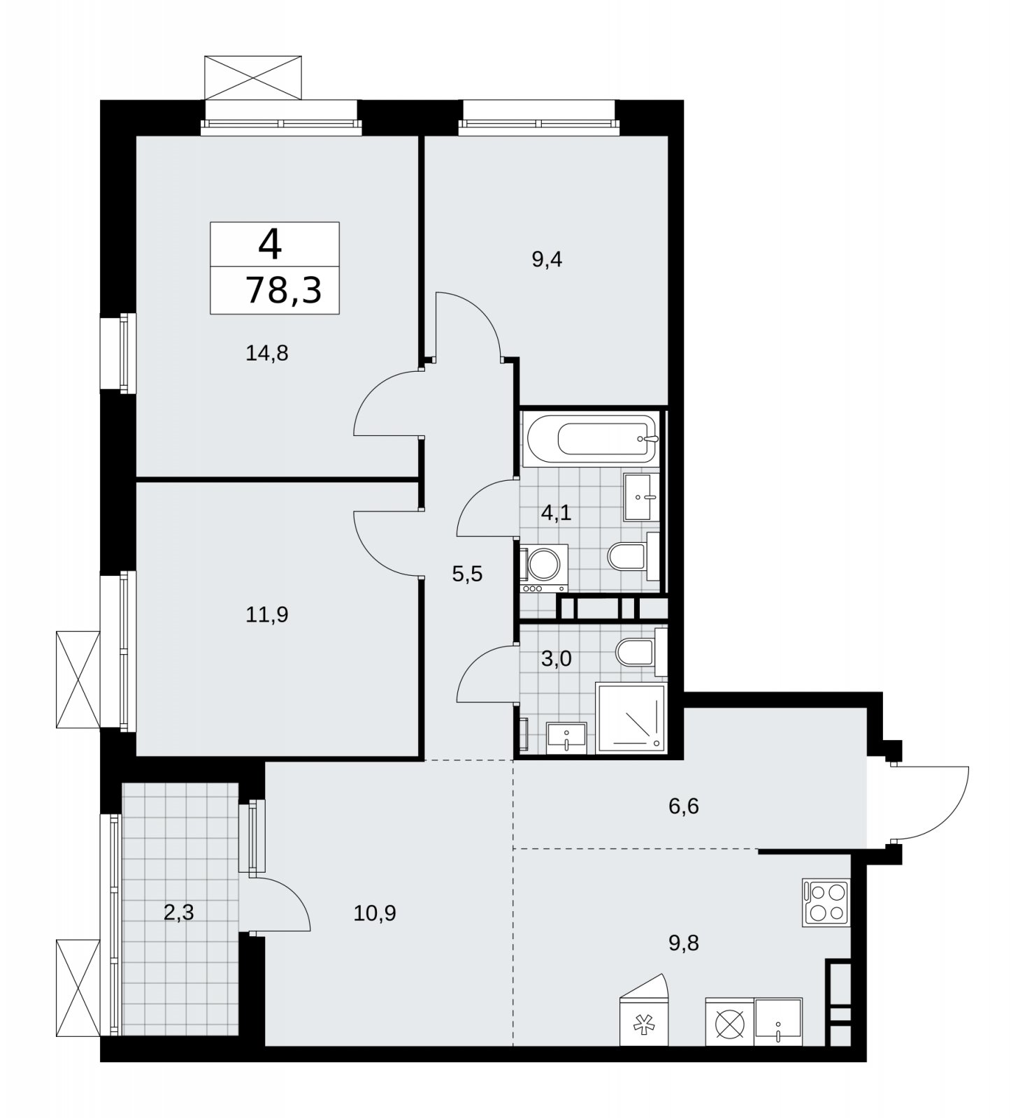 4-комнатная квартира (евро) с частичной отделкой, 78.3 м2, 7 этаж, сдача 2 квартал 2026 г., ЖК Скандинавия, корпус 25.2 - объявление 2283511 - фото №1