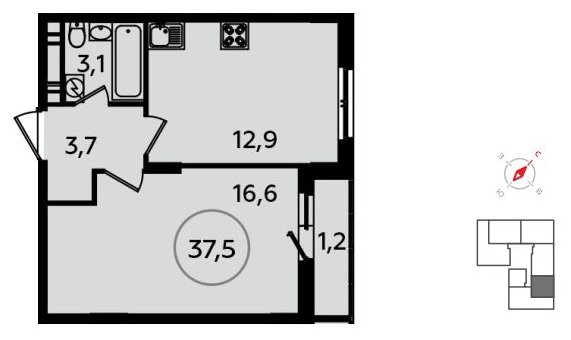 1-комнатная квартира без отделки, 37.5 м2, 13 этаж, сдача 1 квартал 2022 г., ЖК Скандинавия, корпус 13.1 - объявление 1412121 - фото №1
