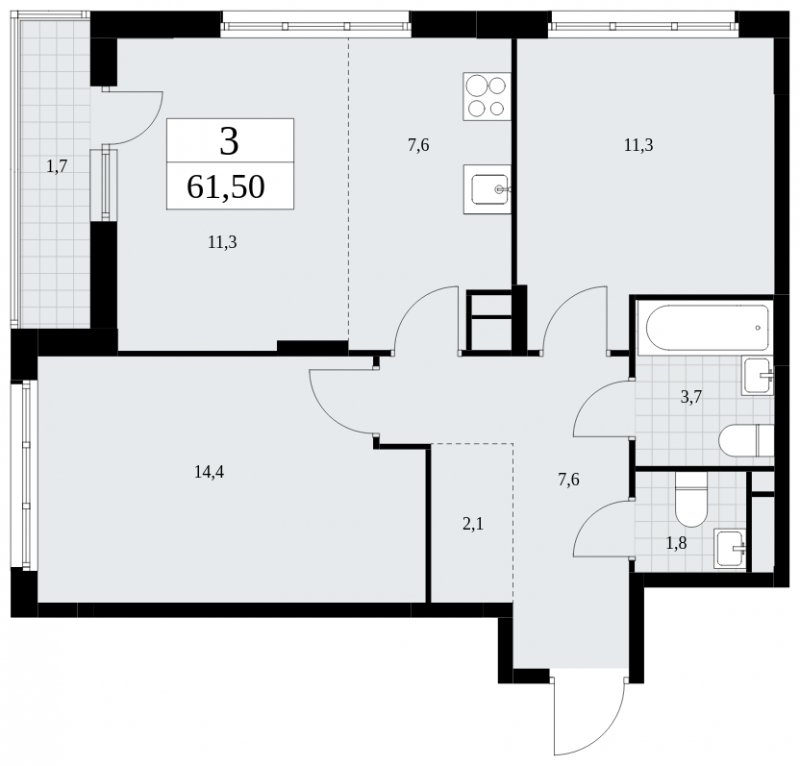3-комнатная квартира (евро) с частичной отделкой, 61.5 м2, 15 этаж, сдача 4 квартал 2024 г., ЖК Скандинавия, корпус 36.1.1 - объявление 1801820 - фото №1