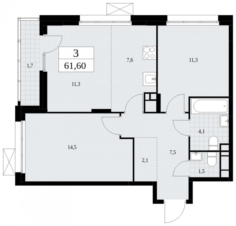 3-комнатная квартира (евро) с частичной отделкой, 61.6 м2, 16 этаж, сдача 4 квартал 2024 г., ЖК Скандинавия, корпус 35.1.2 - объявление 1779554 - фото №1