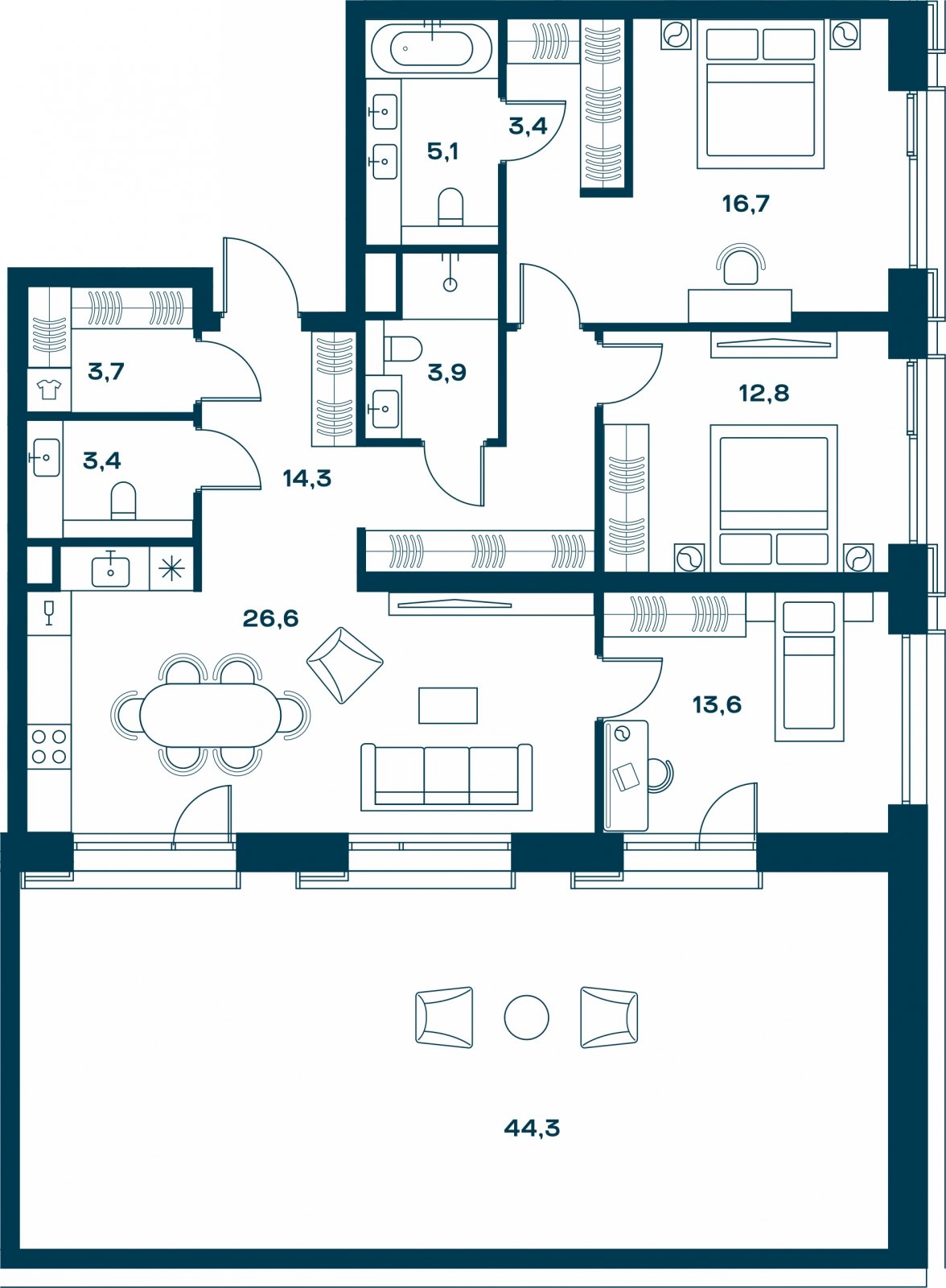 3-комнатная квартира с частичной отделкой, 116.8 м2, 9 этаж, сдача 4 квартал 2026 г., ЖК SOUL, корпус 3 - объявление 2329873 - фото №1