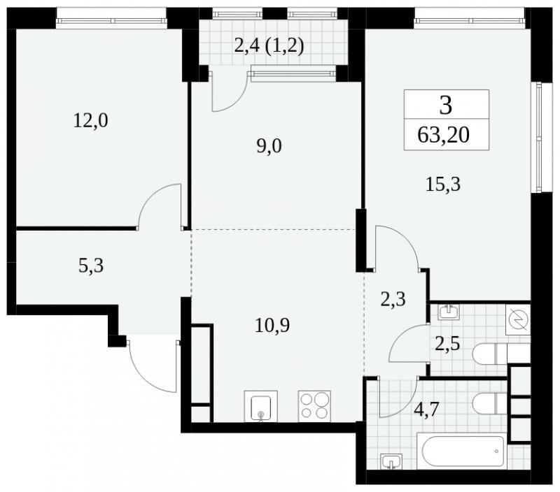 3-комнатная квартира (евро) с частичной отделкой, 63.2 м2, 24 этаж, сдача 2 квартал 2025 г., ЖК Южные сады, корпус 2.1 - объявление 1760053 - фото №1