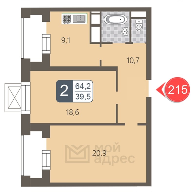 2-комнатная квартира с полной отделкой, 64.2 м2, 28 этаж, дом сдан, ЖК мой адрес На Береговом, корпус Южный квартал - объявление 1866991 - фото №1