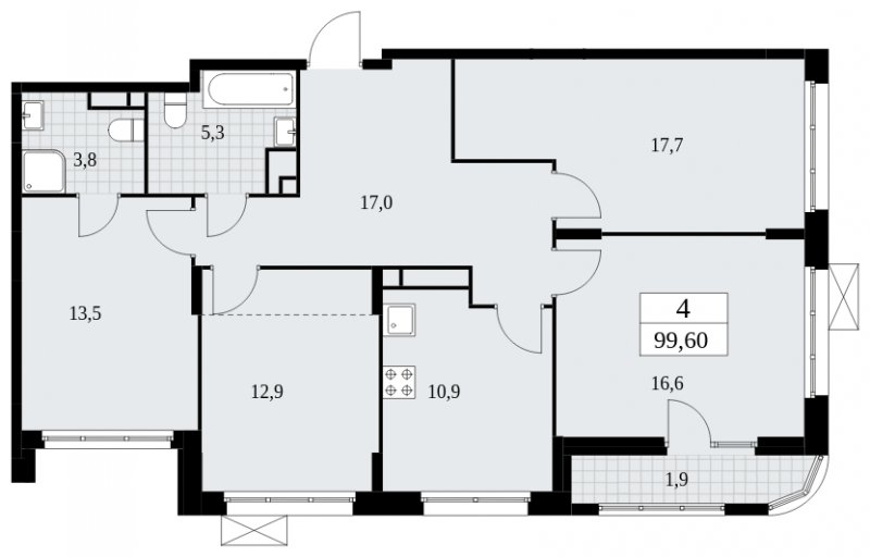 4-комнатная квартира с частичной отделкой, 99.6 м2, 13 этаж, сдача 4 квартал 2024 г., ЖК Скандинавия, корпус 36.3.1 - объявление 1894624 - фото №1
