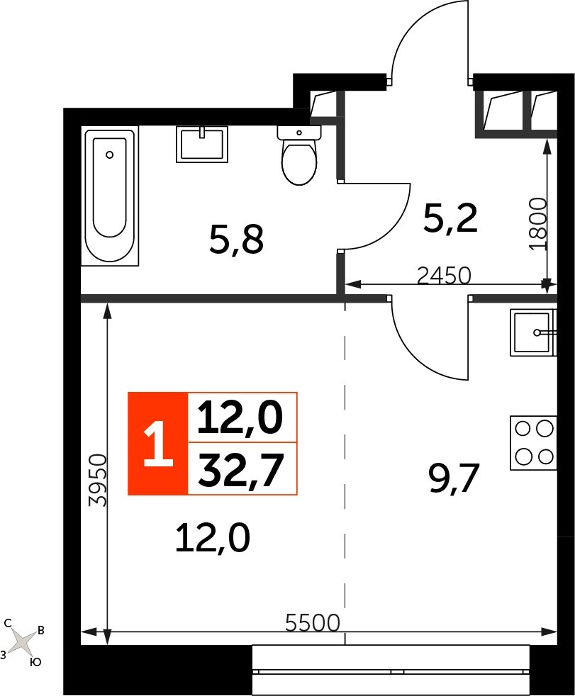 Студия с частичной отделкой, 32.7 м2, 5 этаж, сдача 3 квартал 2024 г., ЖК Sydney City, корпус 2.1 - объявление 2323039 - фото №1