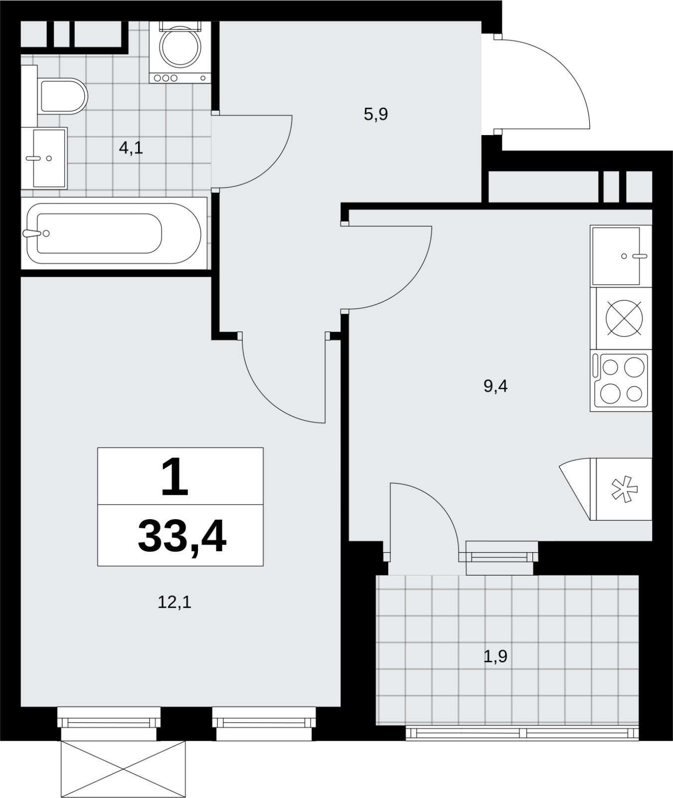 1-комнатная квартира без отделки, 33.4 м2, 13 этаж, сдача 4 квартал 2026 г., ЖК Скандинавия, корпус 2.18.1.4 - объявление 2351037 - фото №1