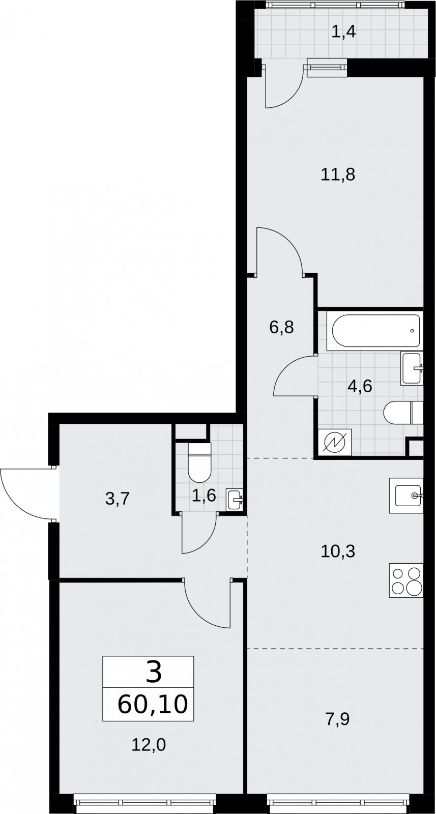 3-комнатная квартира (евро) с полной отделкой, 60.1 м2, 2 этаж, сдача 4 квартал 2026 г., ЖК Родные кварталы, корпус 1.2 - объявление 2317877 - фото №1