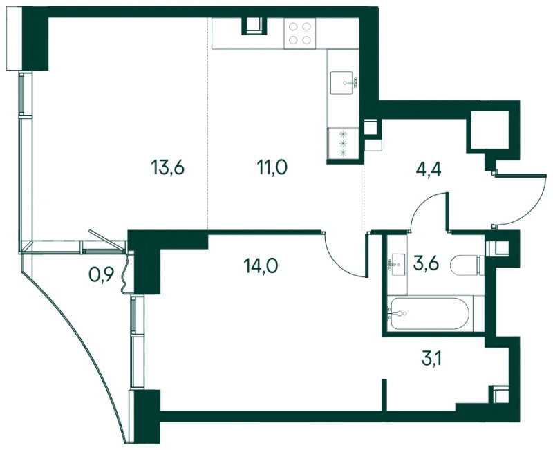 1-комнатная квартира без отделки, 50.6 м2, 6 этаж, дом сдан, ЖК Клубный город на реке Primavera, корпус 3 квартала "Vivaldi" - объявление 1930749 - фото №1