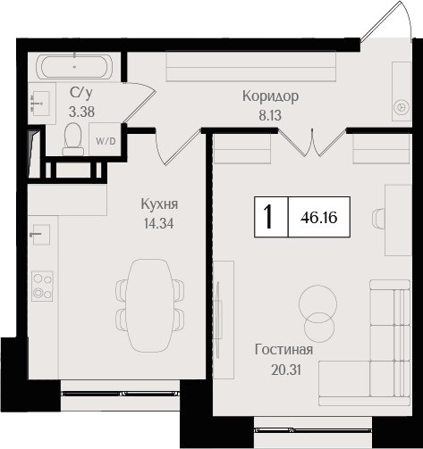 1-комнатная квартира без отделки, 46.16 м2, 3 этаж, сдача 3 квартал 2024 г., ЖК Преображенская площадь, корпус 1 - объявление 2279763 - фото №1