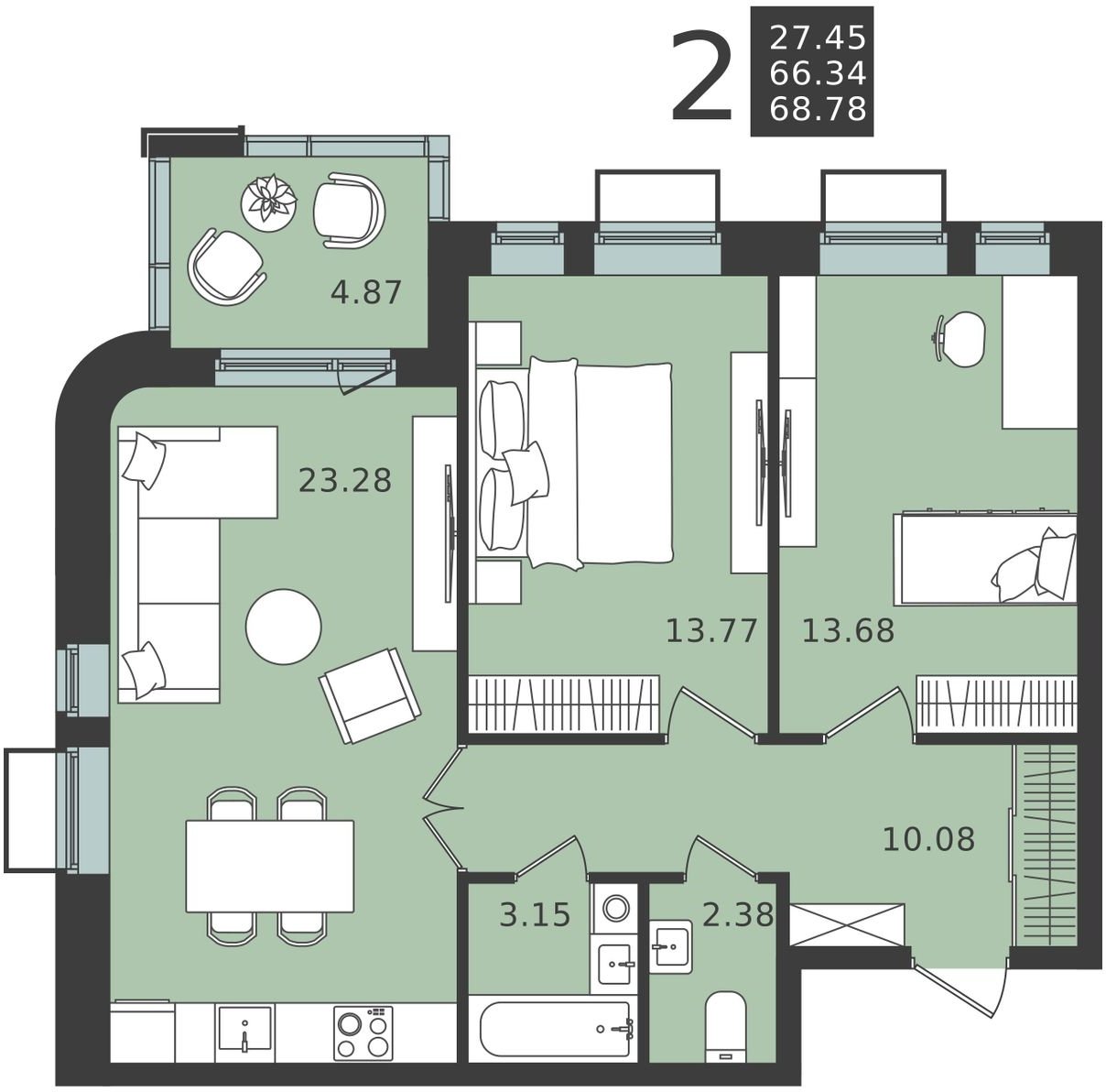 2-комнатная квартира 68.78 м2, 2 этаж, сдача 1 квартал 2024 г., ЖК Мишино-2, корпус 8 - объявление 2149844 - фото №1