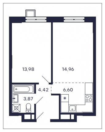 1-комнатная квартира без отделки, 43.83 м2, 11 этаж, сдача 2 квартал 2025 г., ЖК Квартал Тетрис, корпус "Квартал Тетрис 2.1" - объявление 1696571 - фото №1