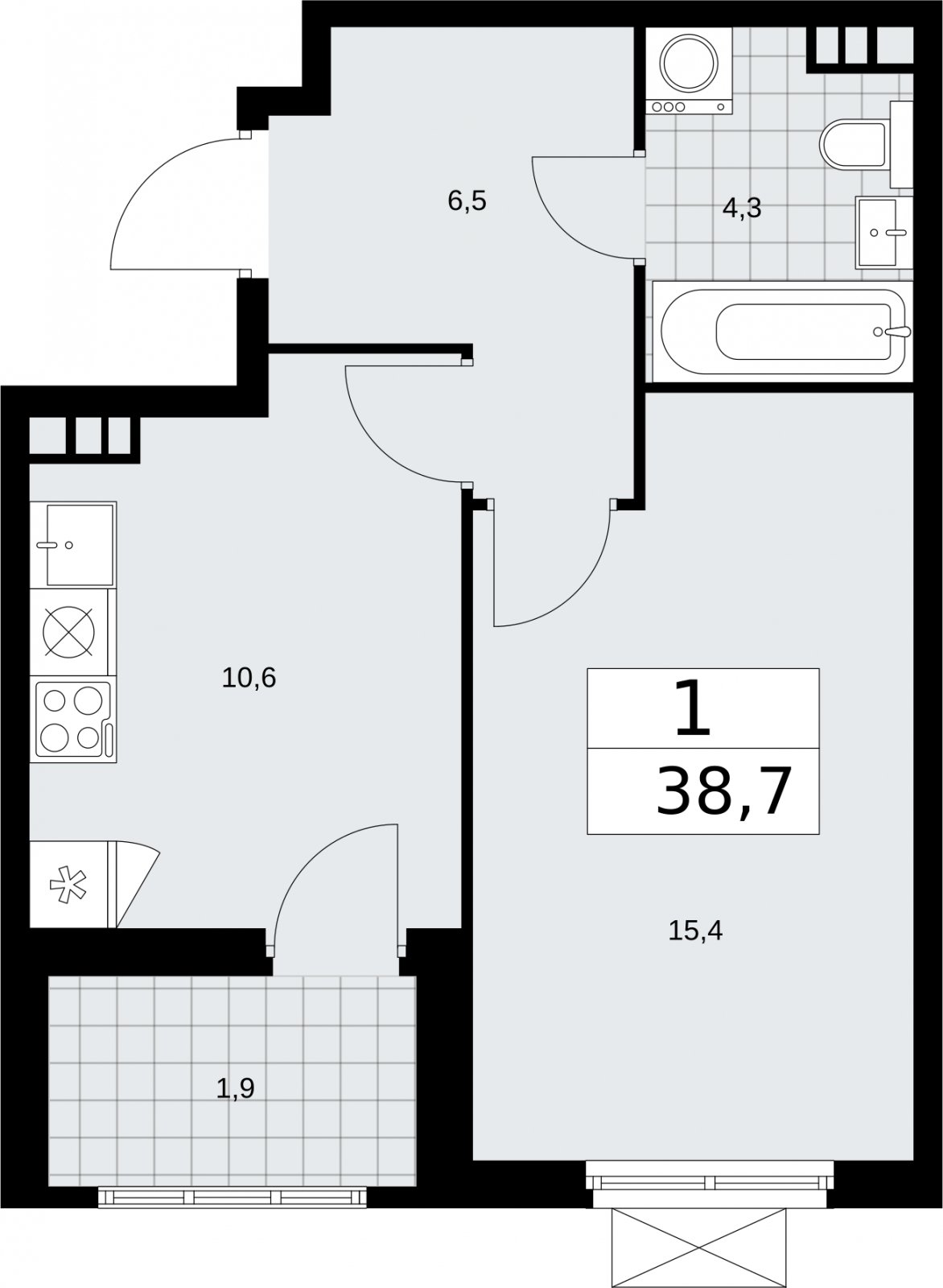 1-комнатная квартира без отделки, 38.7 м2, 5 этаж, сдача 2 квартал 2026 г., ЖК Бунинские кварталы, корпус 5.3 - объявление 2297526 - фото №1