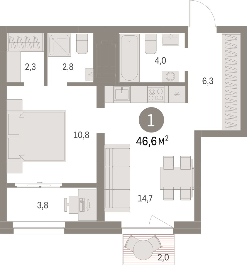 1-комнатная квартира с частичной отделкой, 46.63 м2, 8 этаж, сдача 1 квартал 2025 г., ЖК Первый квартал, корпус Дом 5 - объявление 2281564 - фото №1