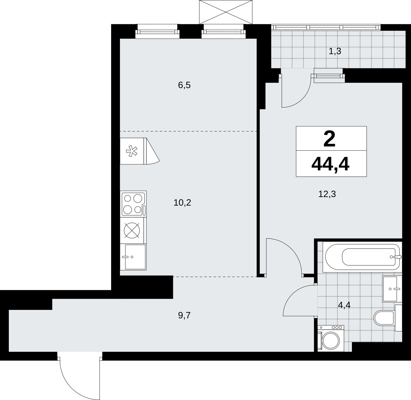 2-комнатная квартира (евро) без отделки, 44.4 м2, 11 этаж, сдача 1 квартал 2026 г., ЖК Дзен-кварталы, корпус 6.2.1 - объявление 2328514 - фото №1