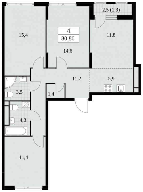 4-комнатная квартира (евро) без отделки, 80.8 м2, 12 этаж, сдача 2 квартал 2025 г., ЖК Южные сады, корпус 2.4 - объявление 1760239 - фото №1