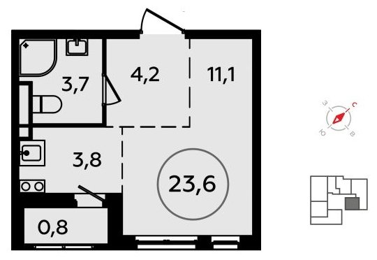 Студия без отделки, 23.6 м2, 9 этаж, сдача 4 квартал 2023 г., ЖК Скандинавия, корпус 2.15 - объявление 1994332 - фото №1
