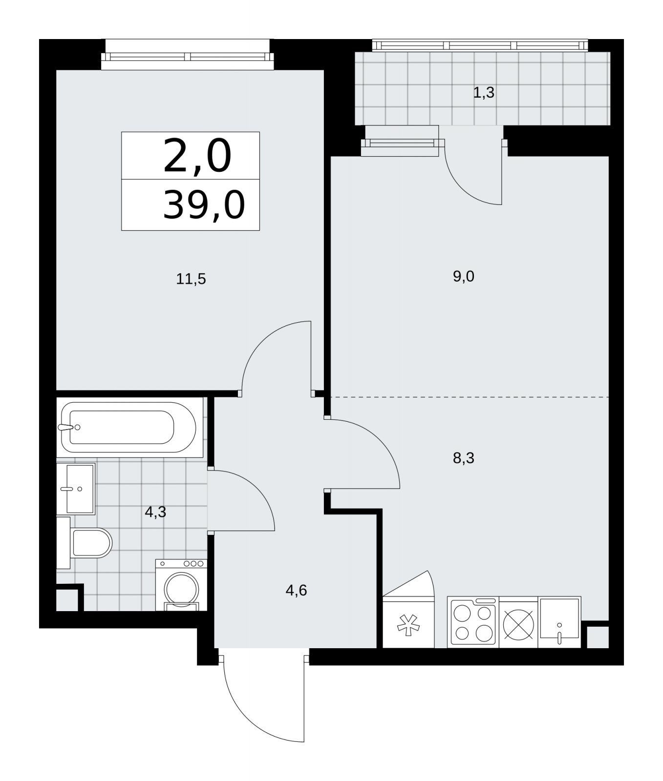 2-комнатная квартира (евро) с частичной отделкой, 39 м2, 2 этаж, сдача 2 квартал 2026 г., ЖК Дзен-кварталы, корпус 3.6 - объявление 2242712 - фото №1