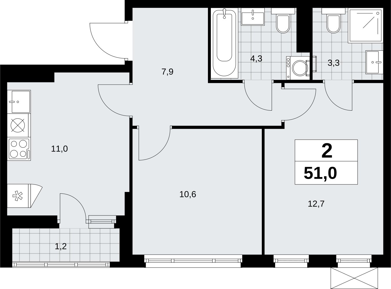 2-комнатная квартира без отделки, 51 м2, 11 этаж, сдача 2 квартал 2026 г., ЖК Дзен-кварталы, корпус 6.1.1 - объявление 2327126 - фото №1