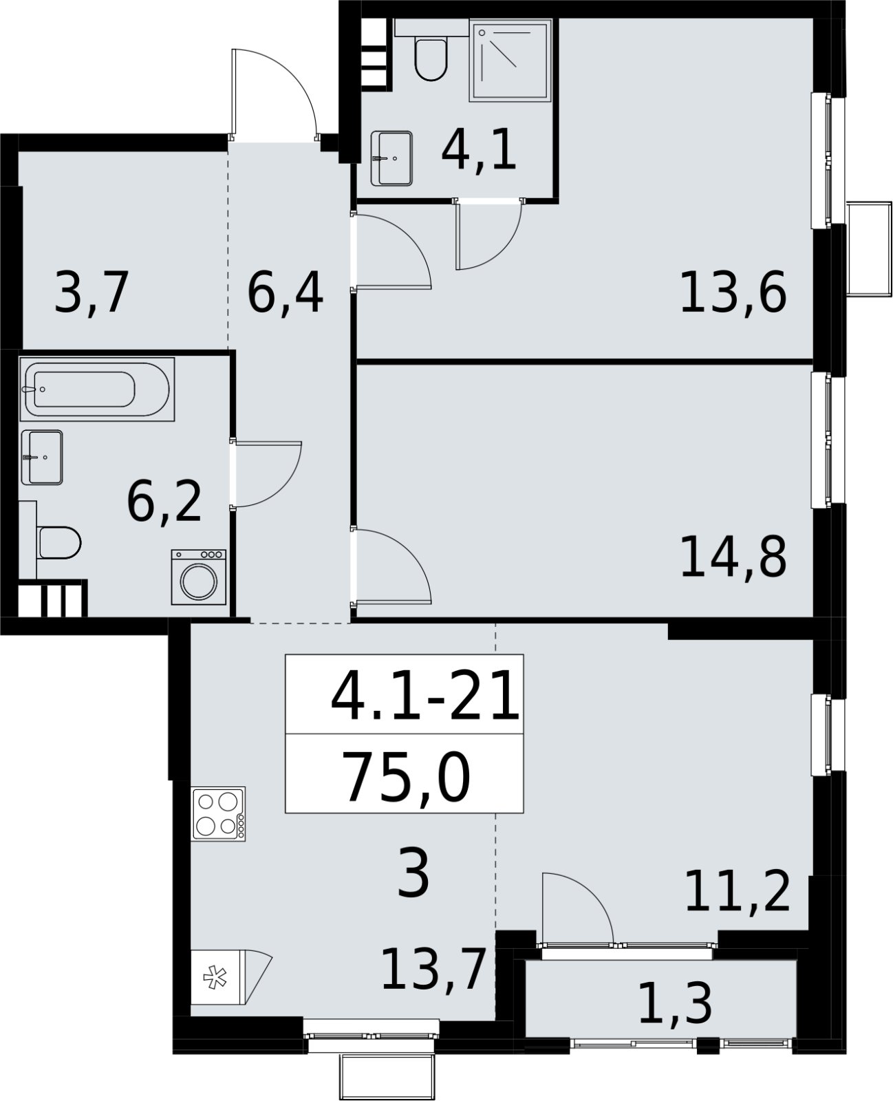 3-комнатная квартира (евро) с полной отделкой, 75 м2, 5 этаж, сдача 2 квартал 2027 г., ЖК Южные сады, корпус 4.1.1 - объявление 2392562 - фото №1