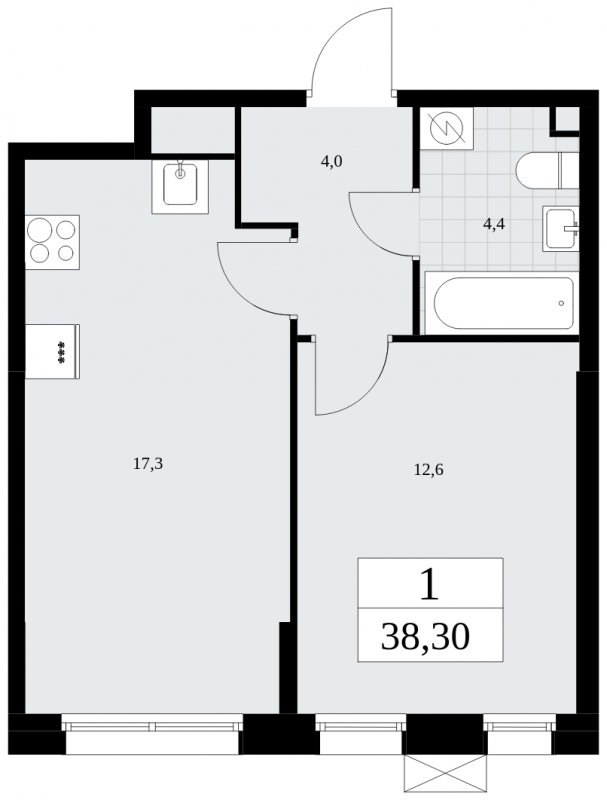 1-комнатная квартира с частичной отделкой, 38.3 м2, 2 этаж, сдача 1 квартал 2025 г., ЖК Дзен-кварталы, корпус 1.1 - объявление 1895460 - фото №1