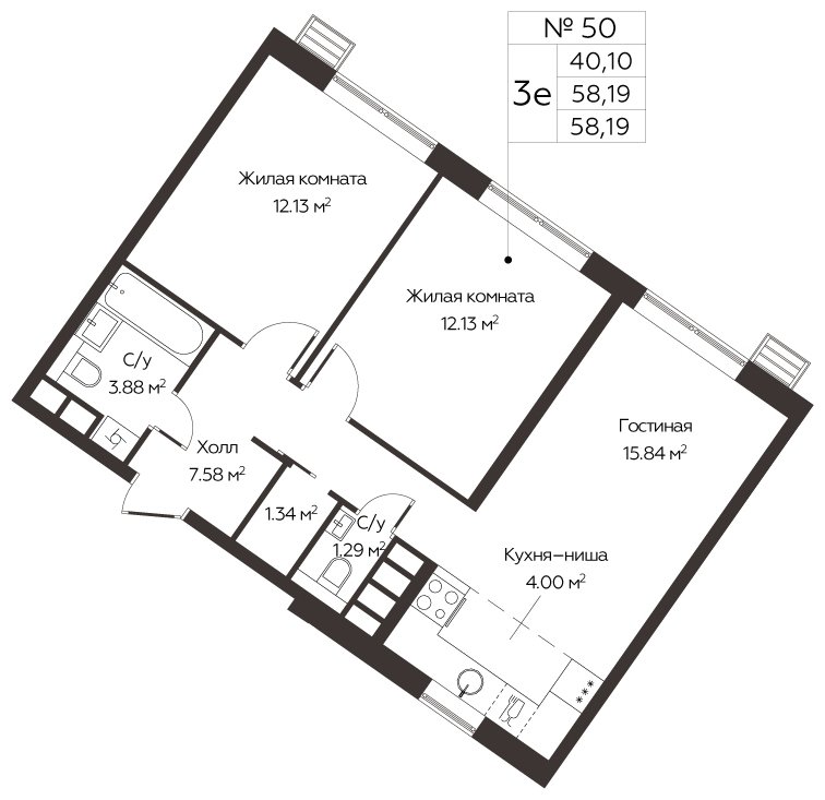 3-комнатная квартира (евро) с полной отделкой, 58.19 м2, 6 этаж, сдача 3 квартал 2024 г., ЖК МелисСад, корпус 1 - объявление 1861148 - фото №1