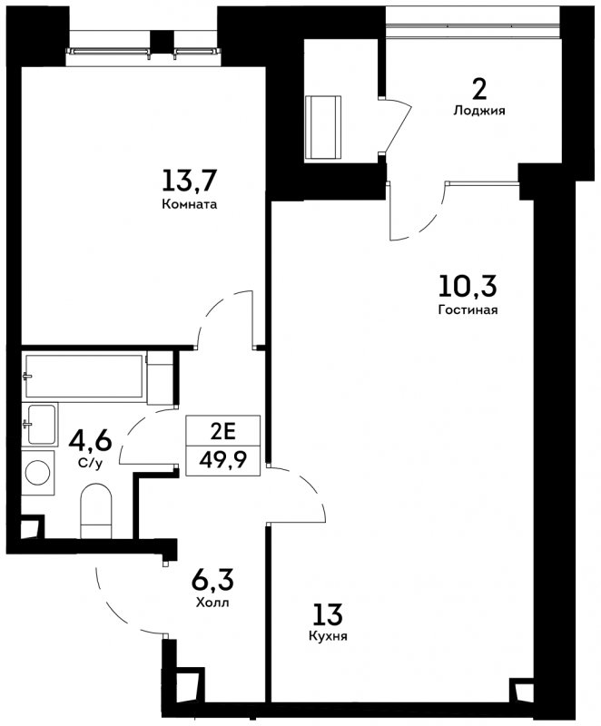2-комнатная квартира без отделки, 49.9 м2, 6 этаж, сдача 4 квартал 2022 г., ЖК Квартал на набережной NOW, корпус 1.4 - объявление 1712971 - фото №1