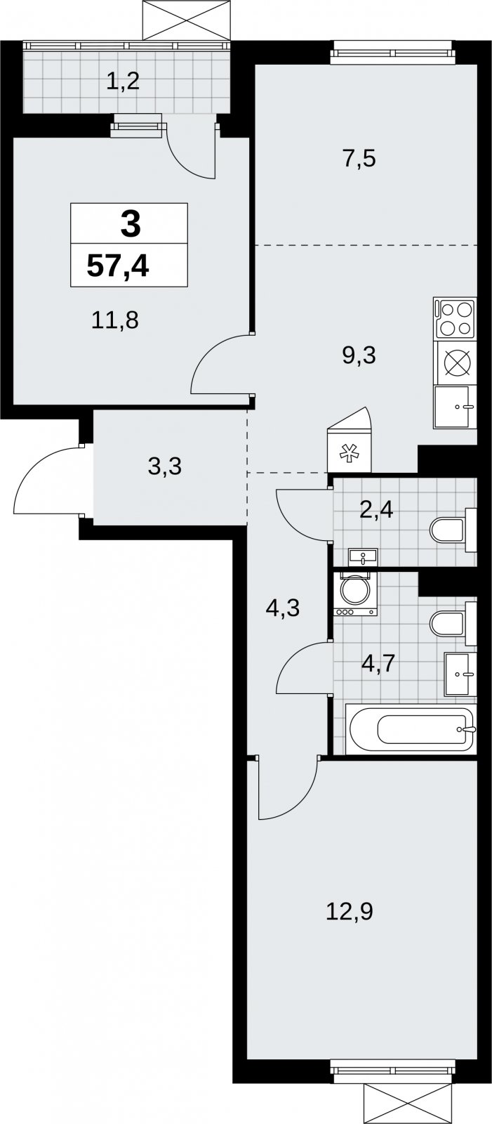 3-комнатная квартира (евро) с полной отделкой, 57.4 м2, 5 этаж, сдача 3 квартал 2026 г., ЖК Дзен-кварталы, корпус 6.1.3 - объявление 2327456 - фото №1