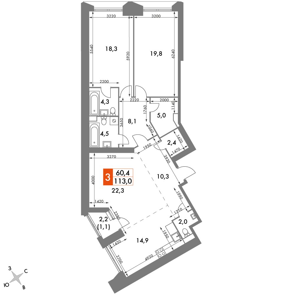 3-комнатная квартира с частичной отделкой, 113 м2, 11 этаж, дом сдан, ЖК Архитектор, корпус 3 - объявление 2378085 - фото №1