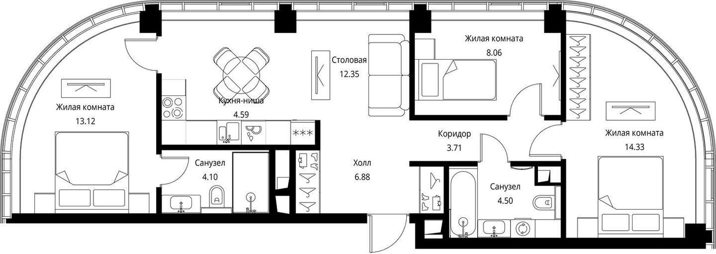 3-комнатная квартира с частичной отделкой, 71.63 м2, 18 этаж, сдача 3 квартал 2026 г., ЖК City Bay, корпус North Ocean 8 - объявление 2240592 - фото №1