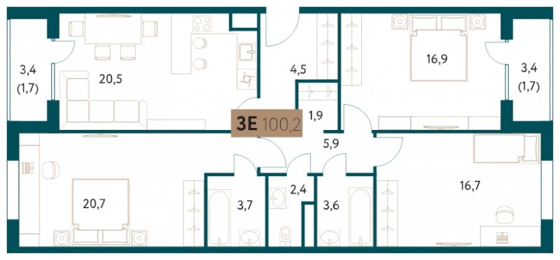 3-комнатная квартира 100.2 м2, 10 этаж, сдача 4 квартал 2022 г., ЖК Настоящее, корпус 1 - объявление 1750286 - фото №1