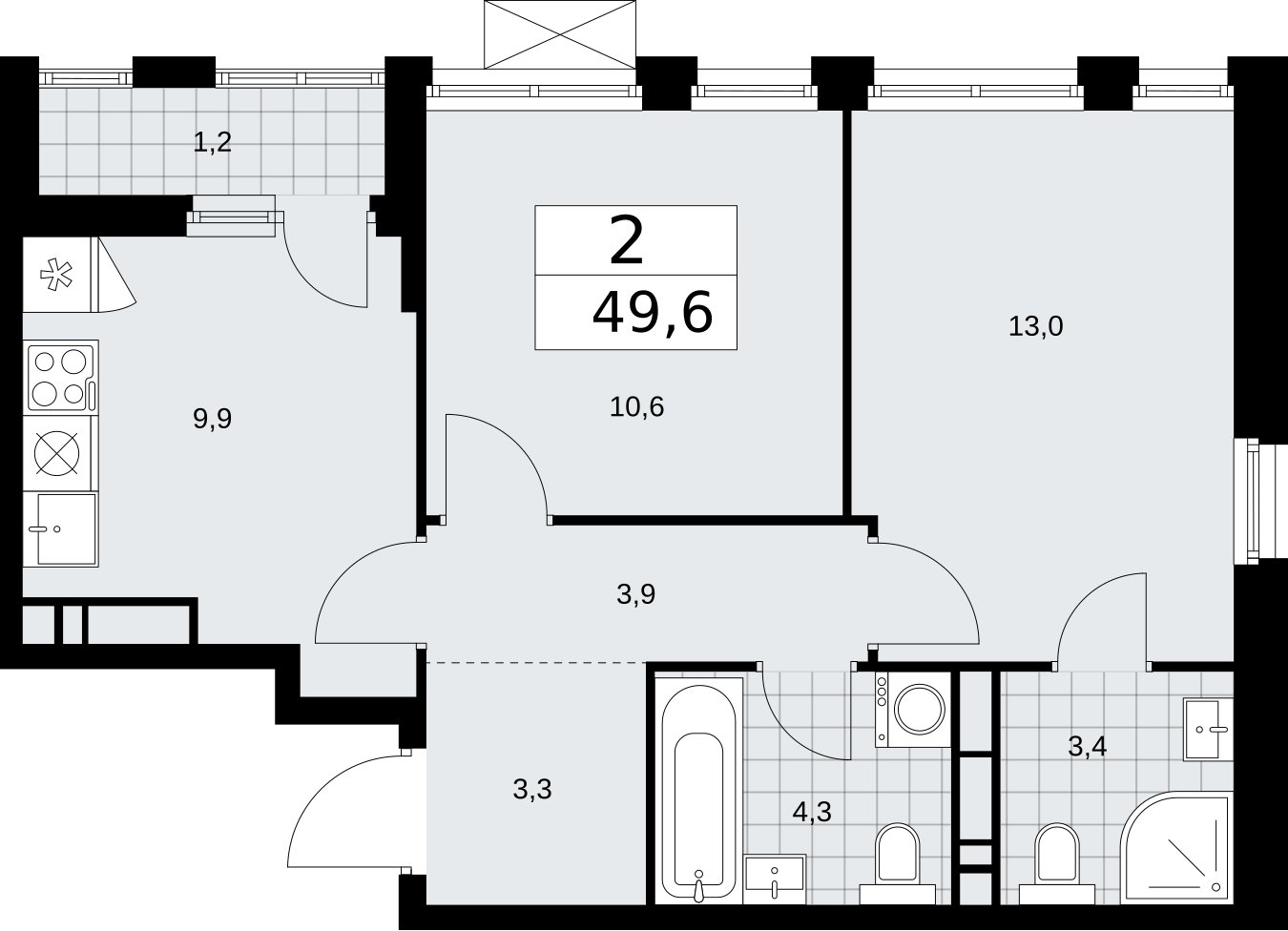 2-комнатная квартира с частичной отделкой, 49.6 м2, 14 этаж, сдача 2 квартал 2026 г., ЖК Бунинские кварталы, корпус 5.1 - объявление 2297158 - фото №1