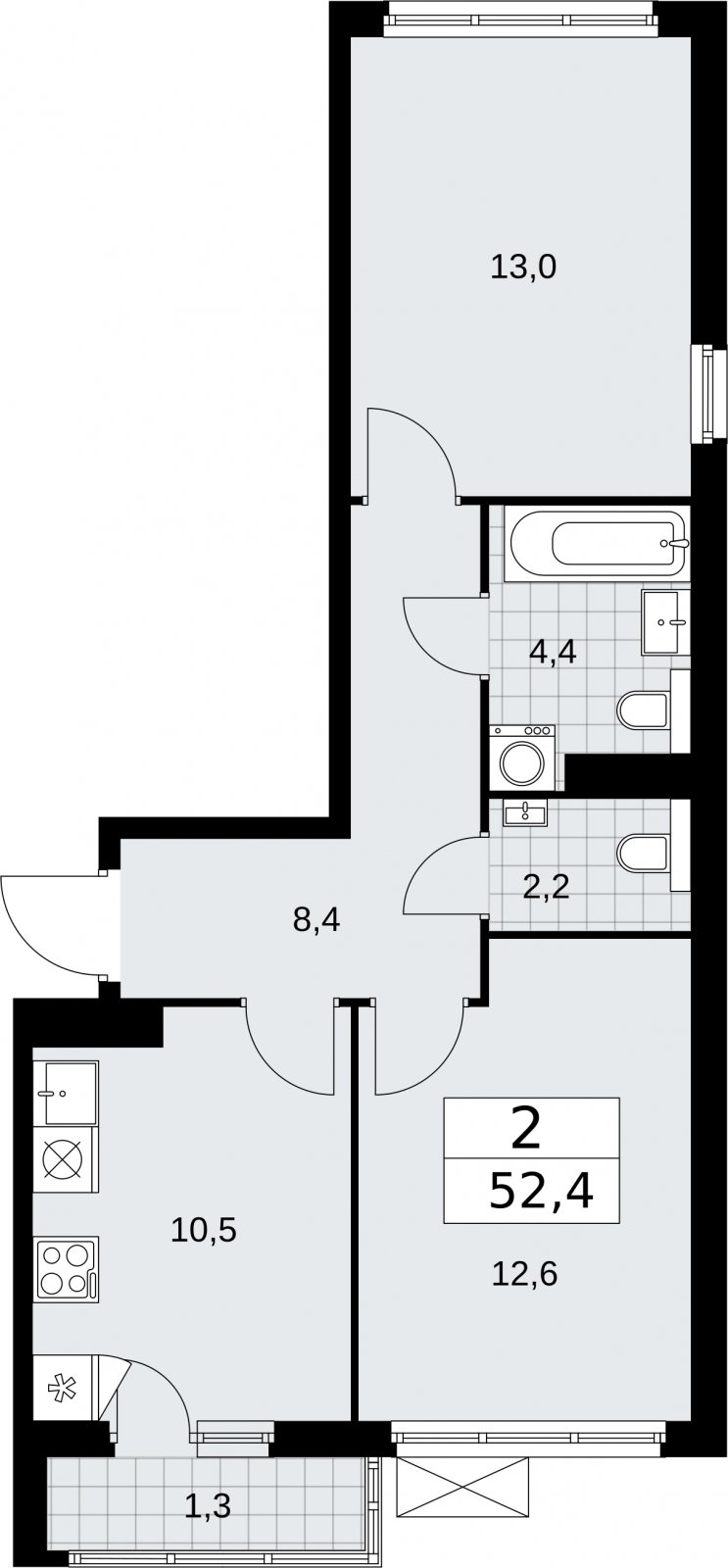 2-комнатная квартира с полной отделкой, 52.4 м2, 12 этаж, сдача 2 квартал 2026 г., ЖК Бунинские кварталы, корпус 7.1 - объявление 2319388 - фото №1
