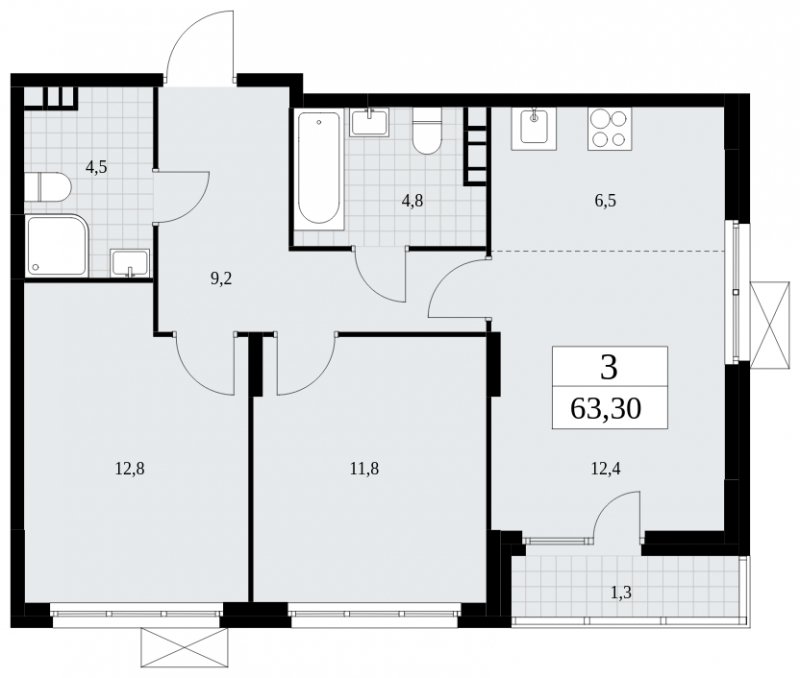 3-комнатная квартира (евро) с частичной отделкой, 63.3 м2, 3 этаж, сдача 4 квартал 2024 г., ЖК Скандинавия, корпус 35.1.4 - объявление 1779679 - фото №1