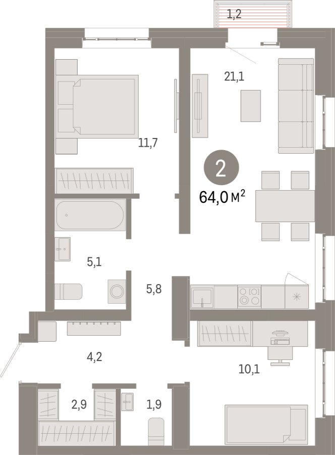 2-комнатная квартира с частичной отделкой, 64 м2, 13 этаж, сдача 3 квартал 2026 г., ЖК Квартал Метроном, корпус 1 - объявление 2358164 - фото №1