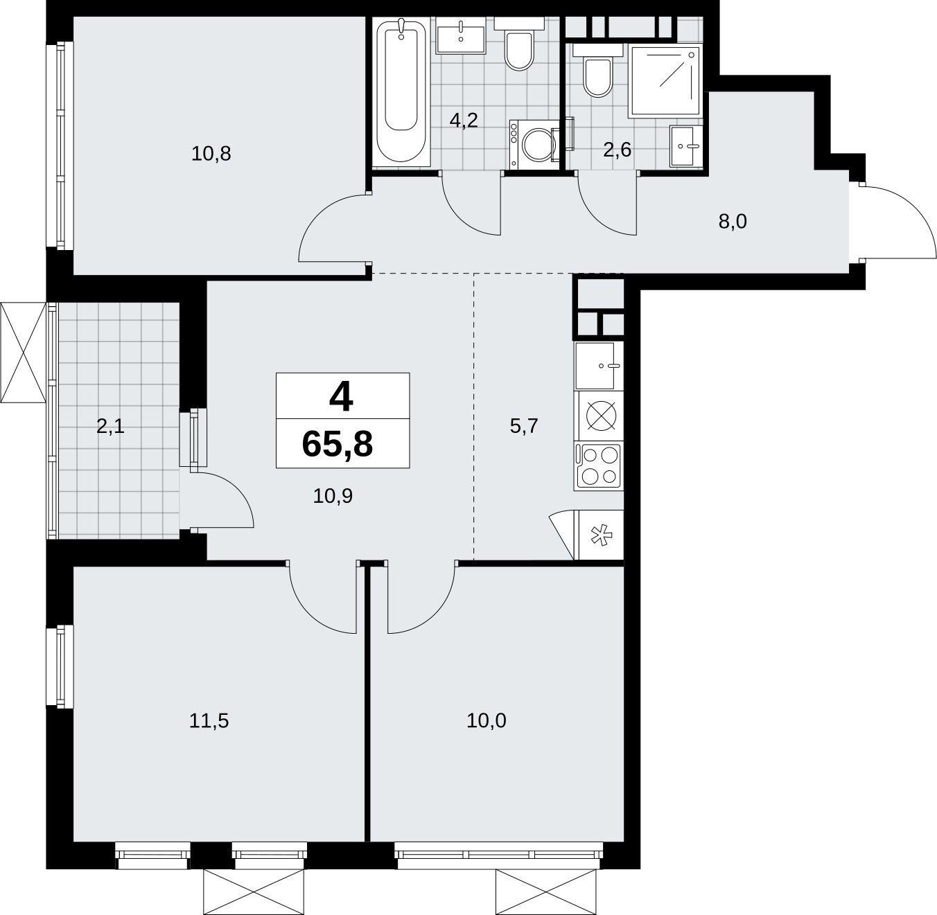 4-комнатная квартира (евро) без отделки, 65.8 м2, 9 этаж, сдача 4 квартал 2026 г., ЖК Скандинавия, корпус 2.18.1.4 - объявление 2350999 - фото №1