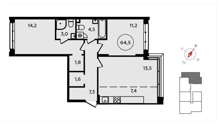 3-комнатная квартира (евро) с полной отделкой, 64.5 м2, 2 этаж, сдача 3 квартал 2024 г., ЖК Скандинавия, корпус 2.22.4 - объявление 1625638 - фото №1