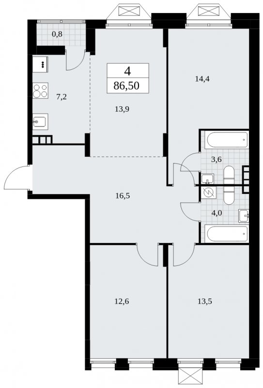 4-комнатная квартира (евро) с частичной отделкой, 86.5 м2, 7 этаж, сдача 4 квартал 2024 г., ЖК Бунинские кварталы, корпус 1.2 - объявление 1834420 - фото №1